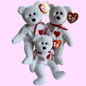 Three Valentino White Bears Red Hearts Retired Beanie Babies